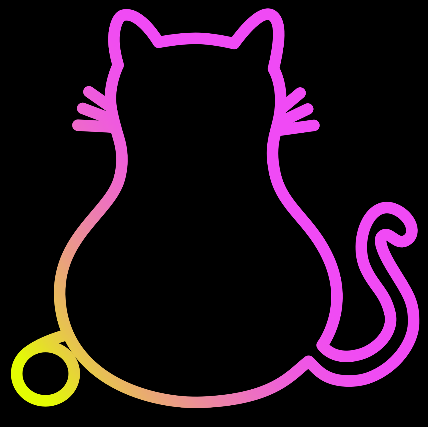 Neon pink outline of a cat on a black background. Knittin' Kitten Fiber's logo.